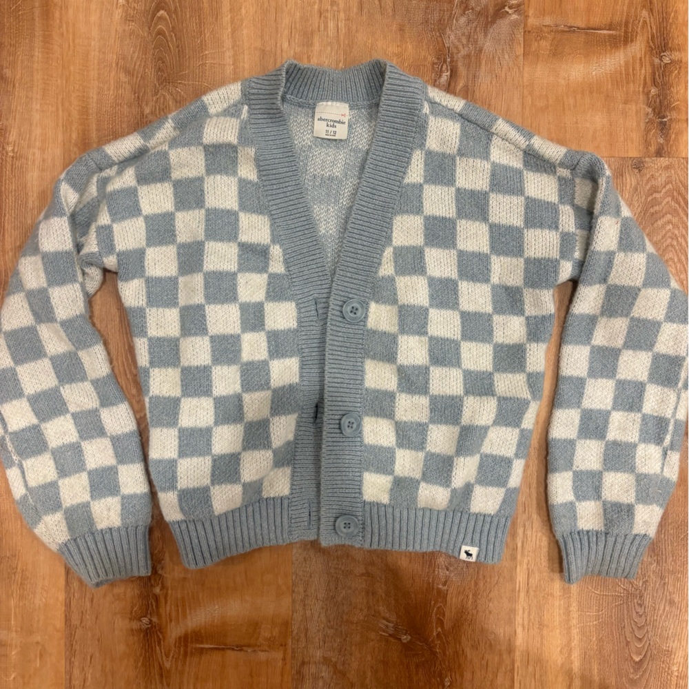 Blue and white checkered cardigan